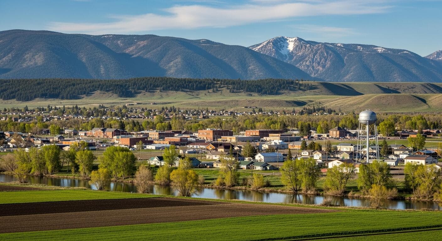 Sugar City, Idaho with mountains behind it